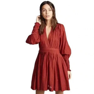 NWOT ULLA JOHNSON Metallic Cotton Long Sleeve Red Ruby Rory Dress w/ Pockets 6
